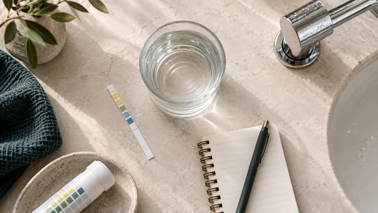 A clear glass, water test strip and notebook on warm stone beside a chrome fitting.