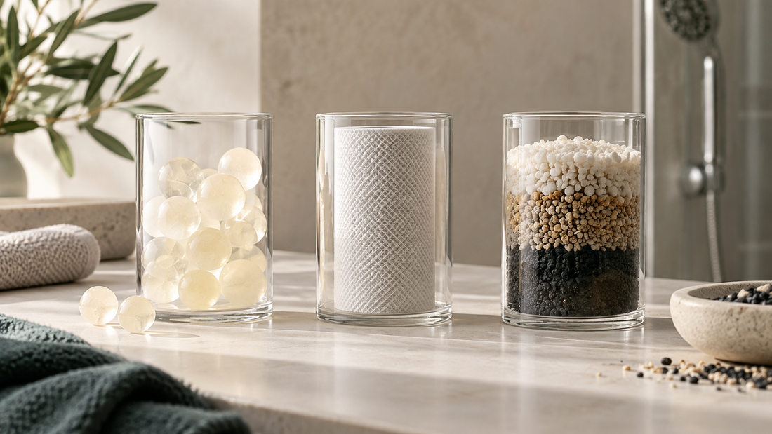 Three unbranded filter media arranged in clear vessels on porcelain.