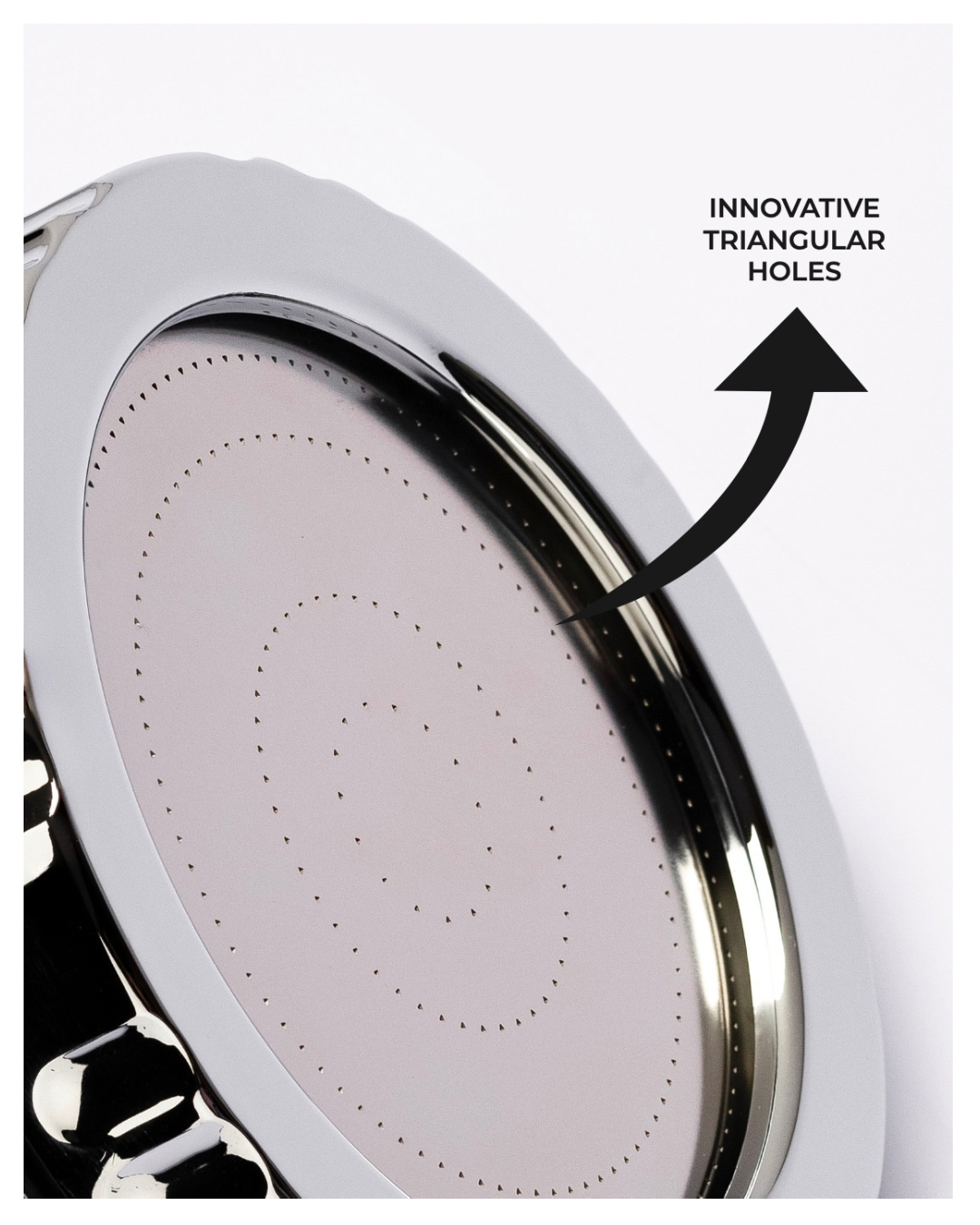 Close-up of Luscentra shower-head spray nozzles and triangular water channels.