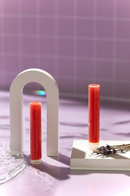 Luscentra lavender vitamin C shower capsules in a purple product scene.