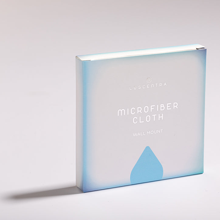 Luscentra microfibre shower-filter cloth retail package.