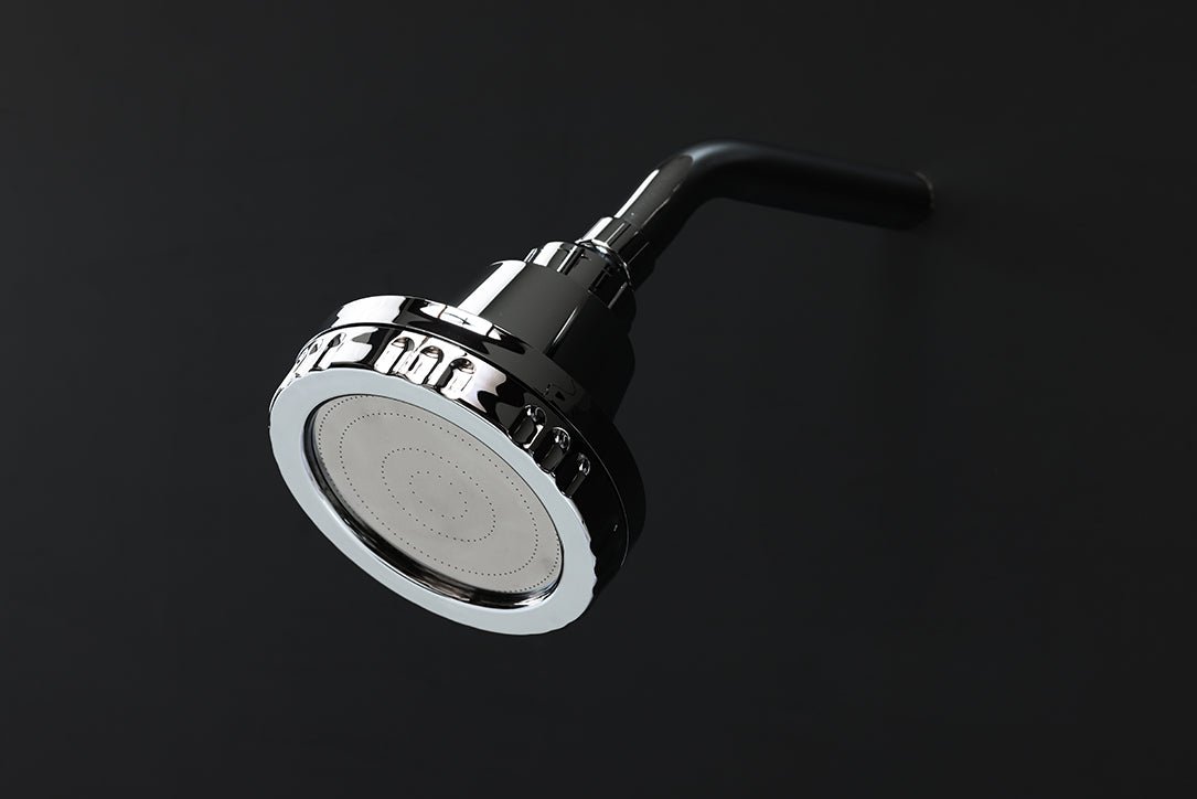 Chrome Luscentra wall-mount shower filter against black.