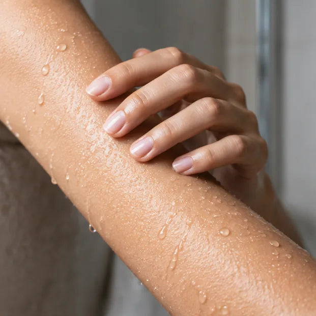 Water droplets on skin.