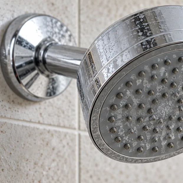 Subtle mineral residue on a chrome shower fixture.