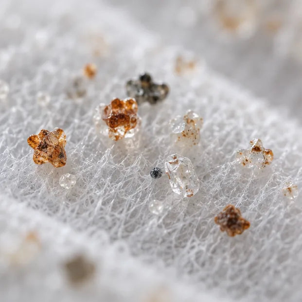 Small particles resting on pale filter material.