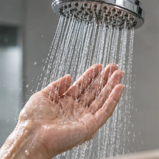 A hand under a clear shower stream.
