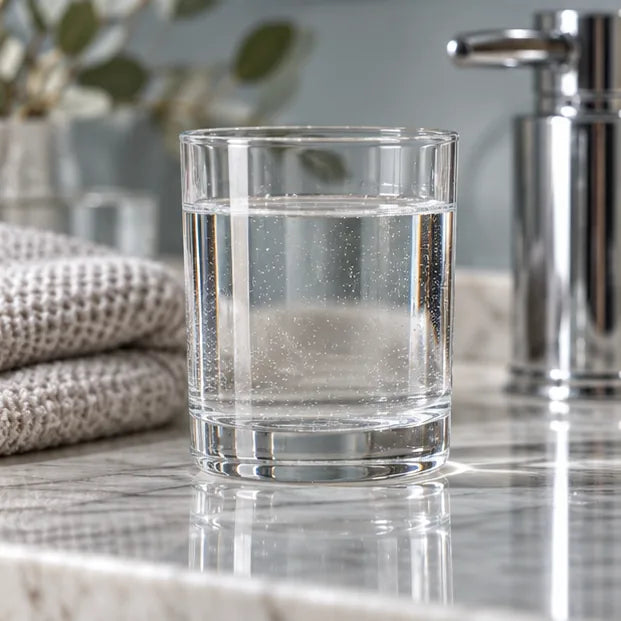 Clear water in glass beside chrome.