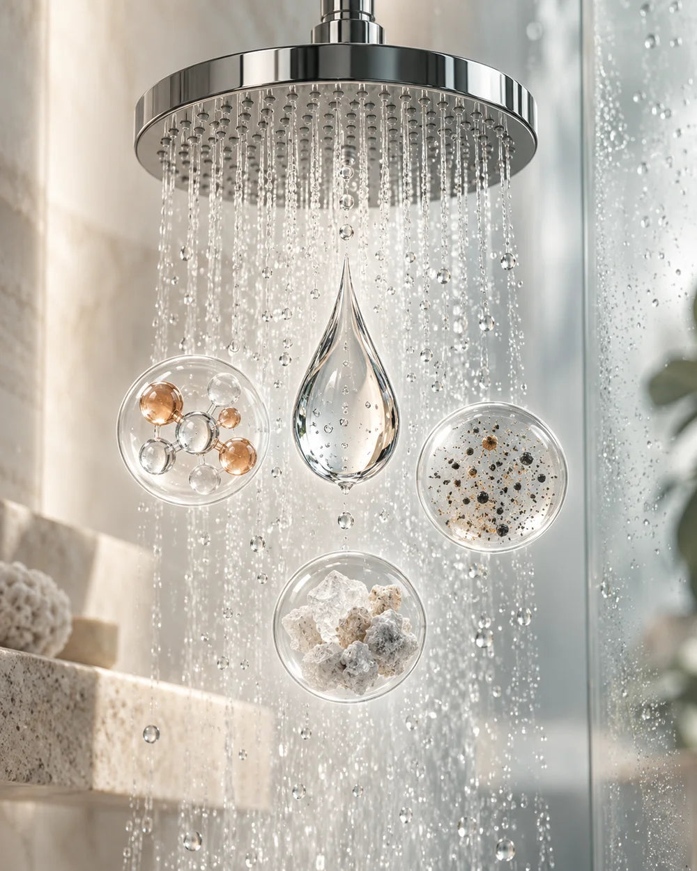 A shower with visual references to local water source and supply.